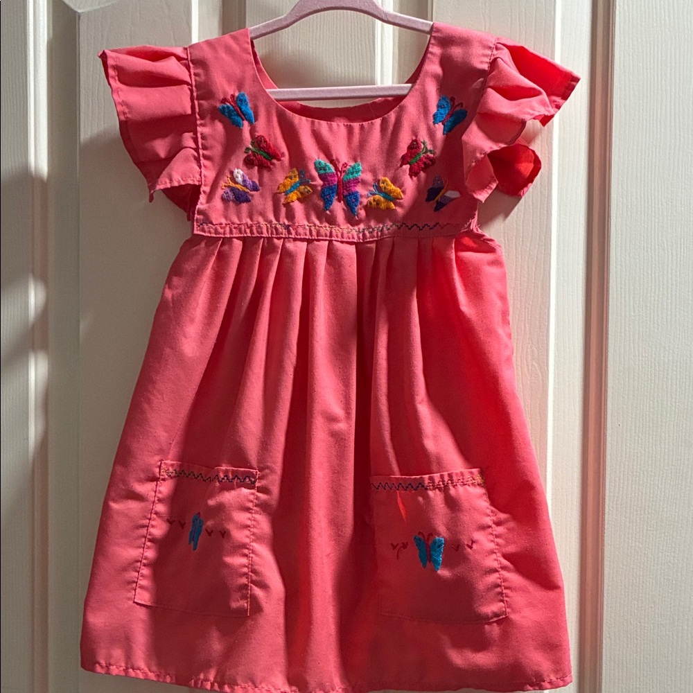 Flutter Sleeve Coral Kids Dress with Embroidery